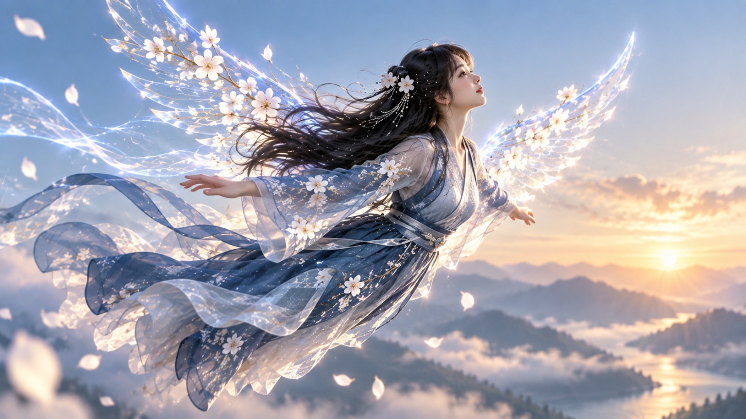 穿著藍衫的女子展開晶瑩白翼，迎向天光