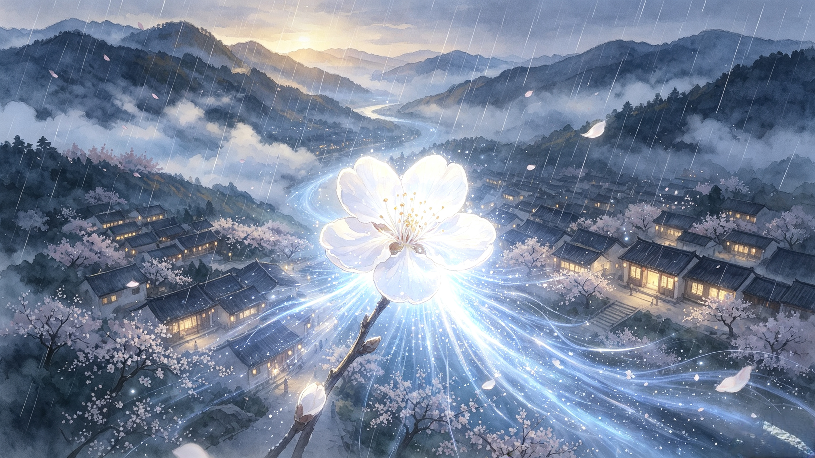 雨中的山城中央，玉白梅花綻放並向四周散發流光