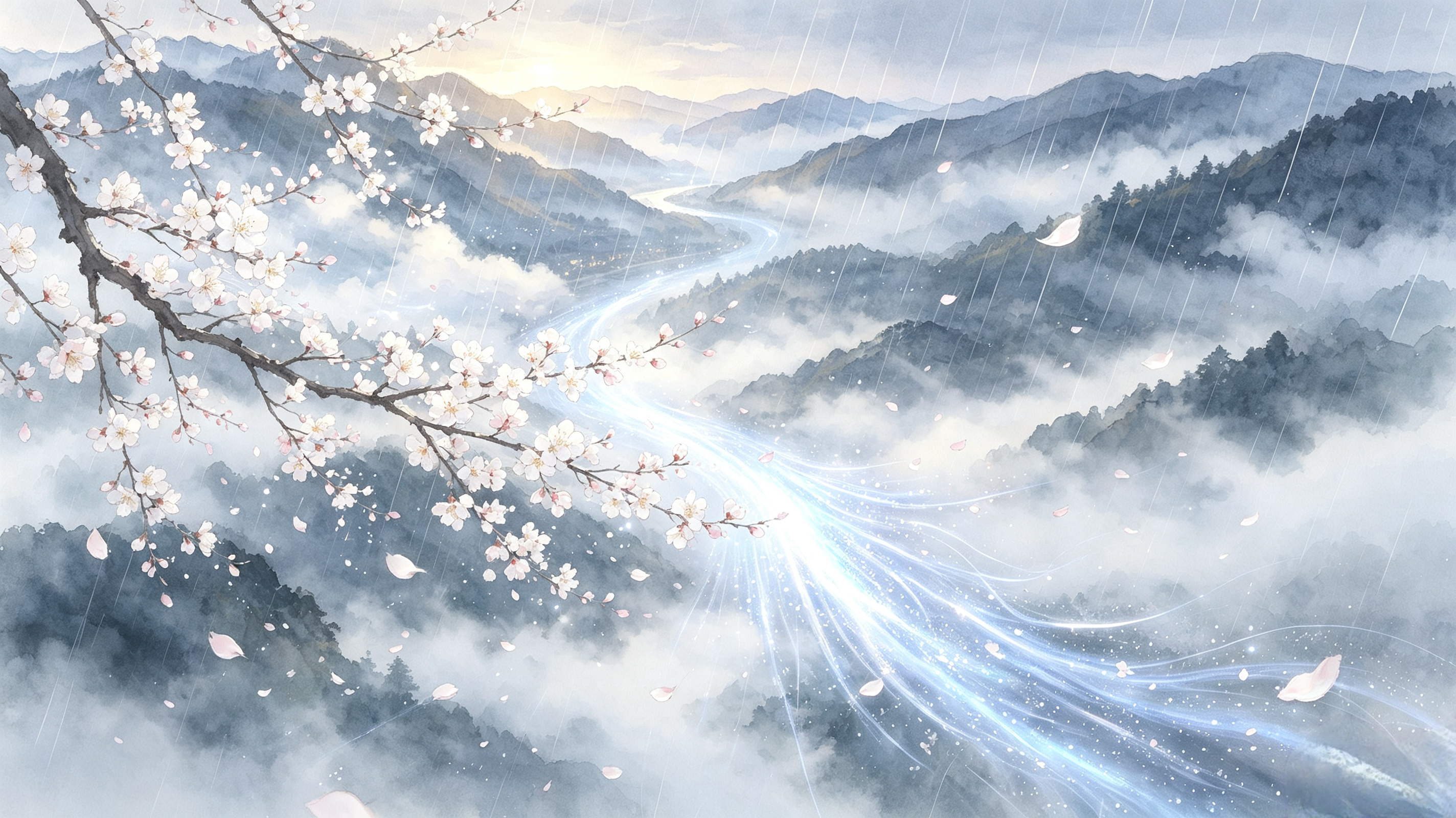梅枝在左側盛開，流光穿過山霧，遠方迎來天光