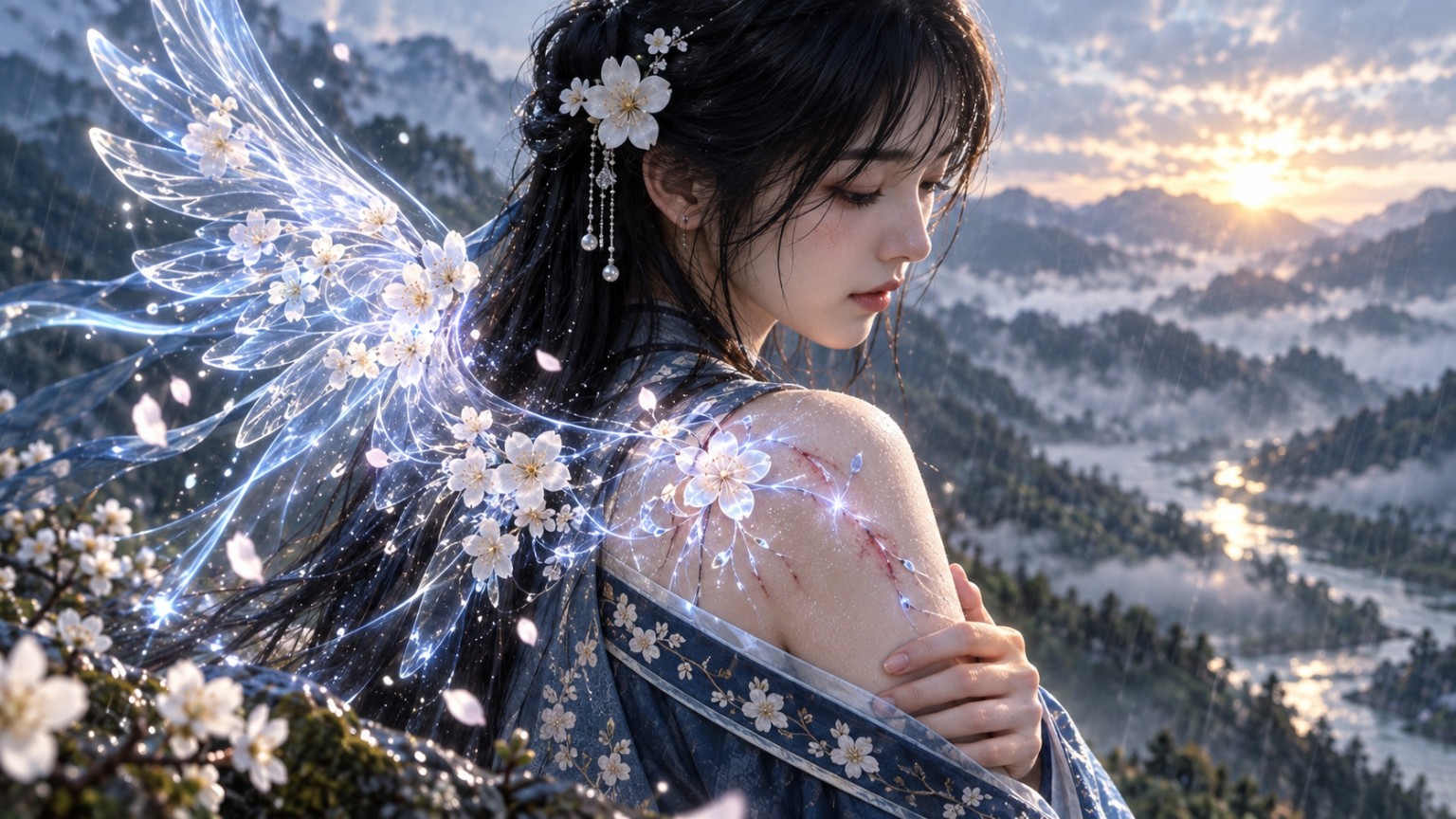 風雨中的藍衫妹，肩上有梅花般的傷痕